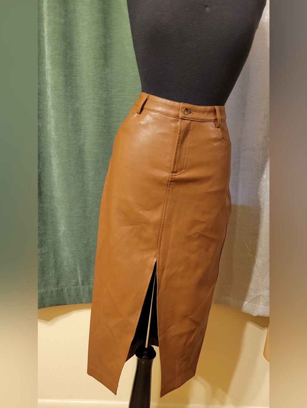 THML Cognac Faux Leather Midi Pencil Skirt with Front Slit
